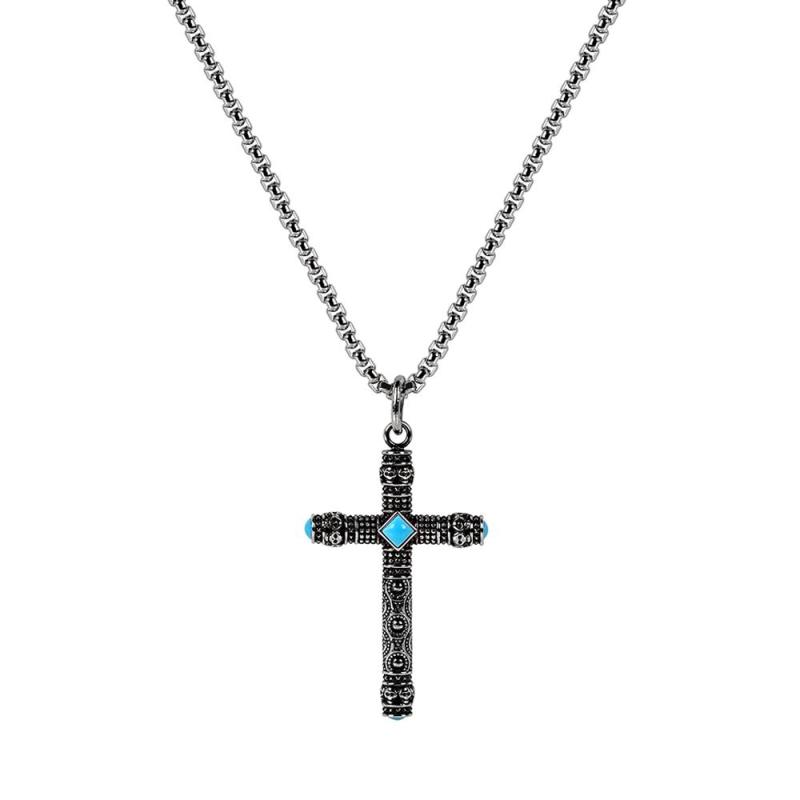 Skull Turquoise Steel Cross Pendant