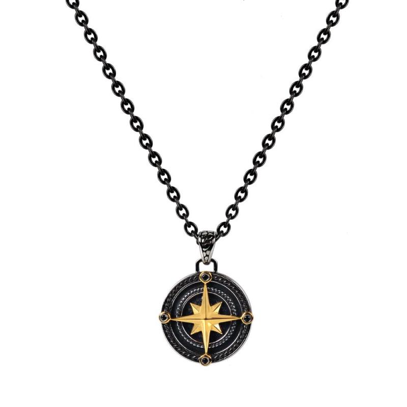 Black and Gold Steel Compass Pendant